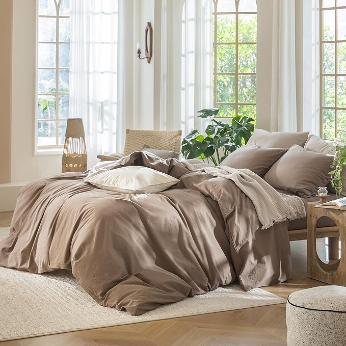 MooMee Bedding Duvet Cover Set 100% Washed Cotton Linen Like Textured Breathable Durable Soft Comfy (Solid Brown, Super King Plus 120"x120")