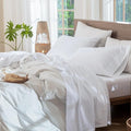 MooMee Bedding Sheet Set 100% Washed Cotton Linen Like Textured Breathable Durable Soft Comfy (Solid Bright White, Twin)
