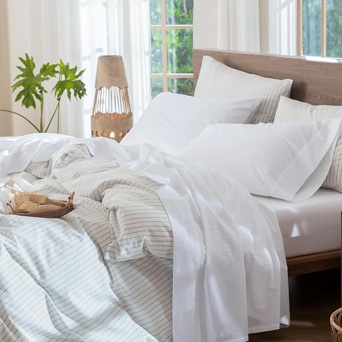 MooMee Bedding Sheet Set 100% Washed Cotton Linen Like Textured Breathable Durable Soft Comfy (Solid Bright White, Twin)