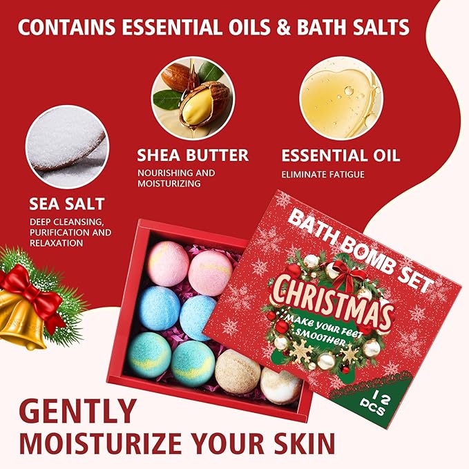 12-Pack Bath Bomb Set for Men & Women, Christmas Aromatherapy Spa Bombs with Essential Oils, Giftable Bath Essentials for Relaxation & Self Care