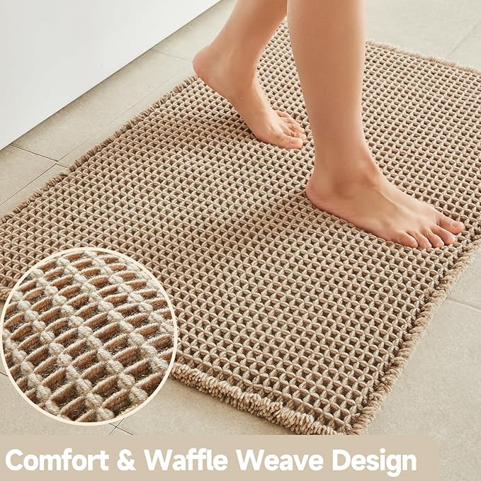 Waffle Runner Rug Bathroom, Long Boho Bathroom Rugs Non Slip Washable Super Absorbent Quick Dry Farmhouse Bath Decor, 60"x24" Beige