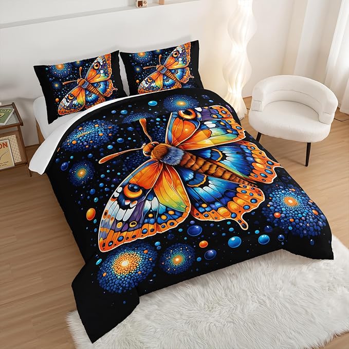 Gothic Butterfly Bedding Set Full Size,Colorful Granular Ball Printed Bedding Comforter Sets,Insect Themed Comforter Set for Kids Girls Boys,Aesthetic Bedding Sets with 2 Pillowcases.