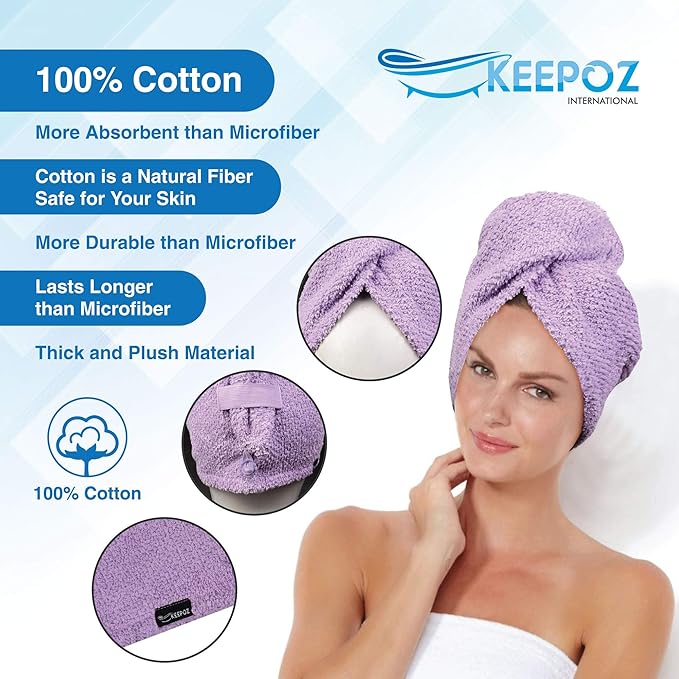 KEEPOZ Hair Towel Wrap Quick Dry 100% Cotton Super Absorbent Turban Head Wrap for Women with Button, Non Microfiber Anti Frizz Products, Hair Cap for Curly, Long (Lilac Pink Check, 2 Pcs)