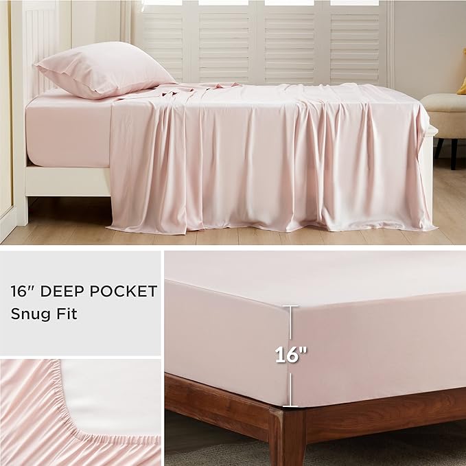 Bedsure Cooling Sheets Twin, Rayon Derived from Bamboo, Breathable & Soft Twin Sheets Set, Deep Pocket Up to 16 Inches, Hotel Luxury Silky Bedding for Hot Sleepers, Pink