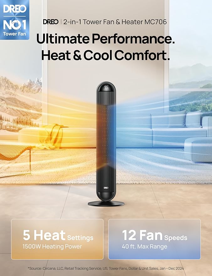 Dreo Tower Fan and Heater Combo, 29.2ft/s Standing Fans for Bedroom, 17 Levels, 6 Modes, 120° Oscillation, 42 Inch, 12H Timer, 25dB Quiet, with Remote, for Office, Large Room, Black