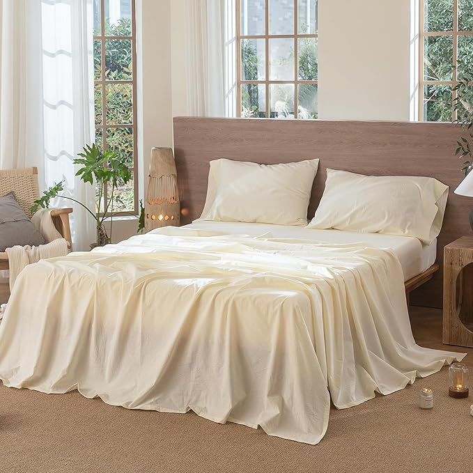 MooMee Bedding Sheet Set 100% Washed Cotton Linen Like Textured Breathable Durable Soft Comfy (Solid Cream White, King)