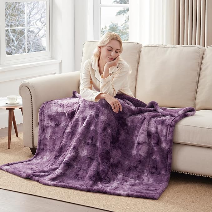 Westinghouse Electric Heated Throw Blanket, Faux Fur with 6 Heating Levels & Auto Off, Soft Cozy Sherpa Washable Blanket (50" x 60", Purple)