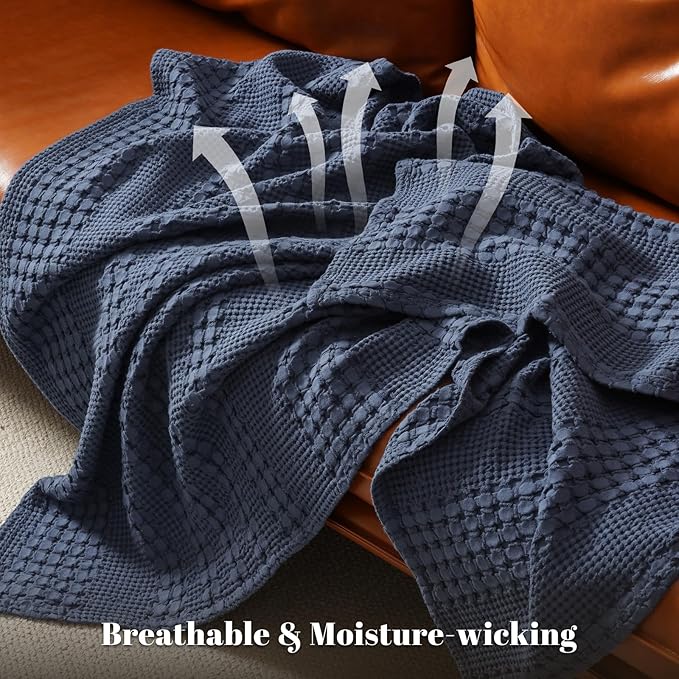 PHF 100% Cotton Waffle Weave Blanket Queen Size for Bed, Soft Lightweight & Breathable, All-Season Comfort, Luxury Aesthetic Woven Bedding for Home Decor, 90"x90", Indigo