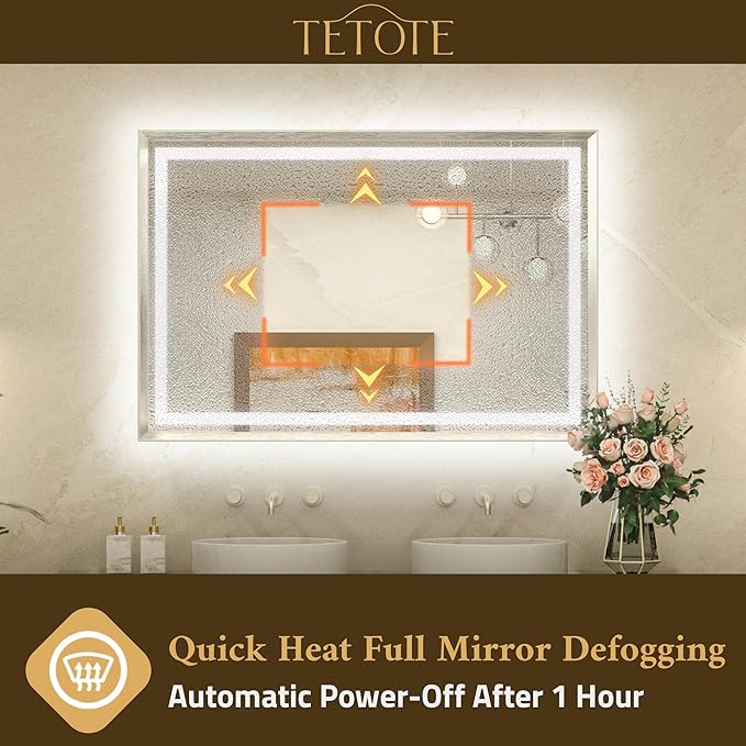 TETOTE 42 x 36 Led Mirror Brushed Bright Nickel Metal Frame Frontlit & Backlit Vanity Mirror Anti-Fog Stepless Dimmable 3 Colors White/Warm/Natural Wall Mirror with Lights Wall-Mounted