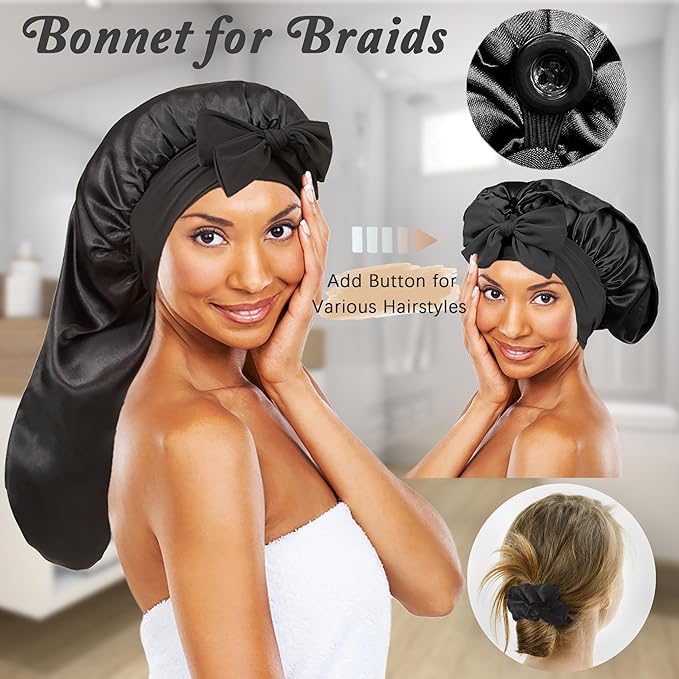 Long Satin Bonnet with Tie Band for Sleeping Women - Silk Sleep Bonnet for Curly Hair and Braids