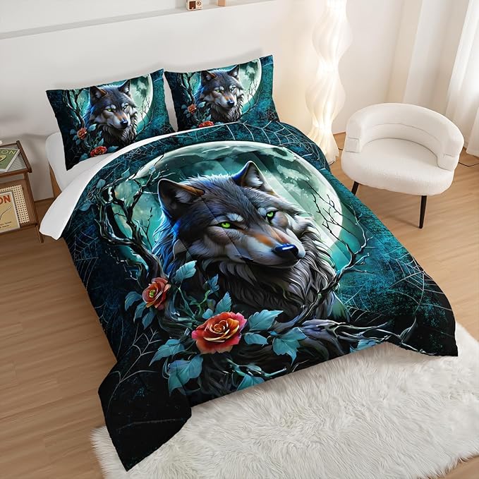 Wildlife Themed Bedding Wolf Comforter Set,Spooky Spider Web Vine Print Comforter Queen Kids Bed in a Bag,Moonlight Aesthetic Bedding Sets for Boys Teens Room Decor with 2 Pillowcases.