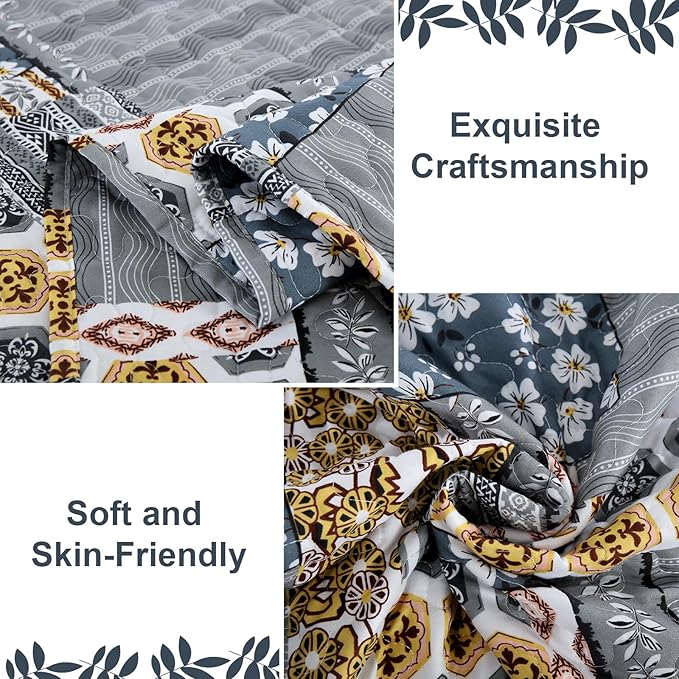 Mybedsoul Dark Grey Quilt Set Queen Size, 3 Pieces Plaid Floral Bedspread Set Patchwork Reversible Bedding Set Microfiber Lightweight Bedspread Coverlet Set for All Season 96"x90"