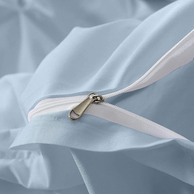 Pinch Pleated Duvet Cover Set 100% Cotton 3PC King Size 94x104 Duvet Cover Set, Decorative Pinch Design Sky Blue Duvet Cover with Matching Pillow Case