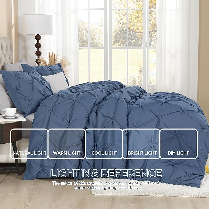 Litanika Ocean Blue Oversized King Pinch Pleat Duvet Cover, 3 Pieces Pintuck Cover Soft Microfiber Bedding Set with Zipper Closure & Corner Ties(1 Duvet Cover, 2 Pillowcases)