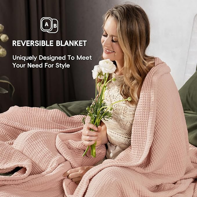 PHF 100% Cotton Waffle & Muslin Blanket King Size, Soft Breathable Luxury 400GSM Versatile Reversible Bedding for Bed, Great for Layering in Cold Weather, Home Decor Gift, 104" x 90", Rose Smoke