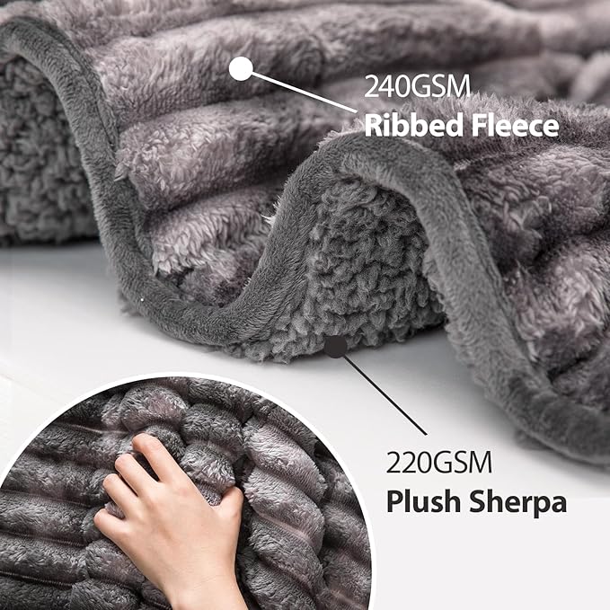 Sherpa Fleece Weighted Blanket with 3D Ribbed Stripes, 15 lbs Soft Flannel Heavy Throw Blanket for Couch Bed Sofa, Heavy Thick Blankets with Ceramic Beads, Great for Sleep, 48" x 72"
