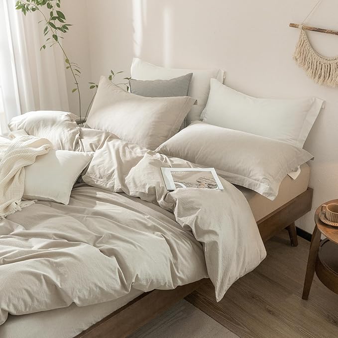 Linen Grey Duvet Cover King Size 104inch x 90inch,100% Washed Cotton Duvet Cover with Zipper Closure and 2 Pillowcases, Color of New Nature Linen