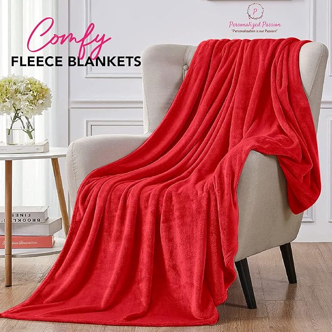 Personalized Passion Blankets with Custom Name & Initial Monogram - Super Soft and Cozy Fleece - Unisex Custom Blanket for Him and Her - 80x60 Inches - Red