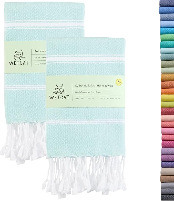 WETCAT Turkish Hand Towels with Hanging Loop, Set of 2 (20" x 30") 100% Turkish Cotton, Pre-Washed, Quick Drying, for Kitchen or Bathroom - Aqua