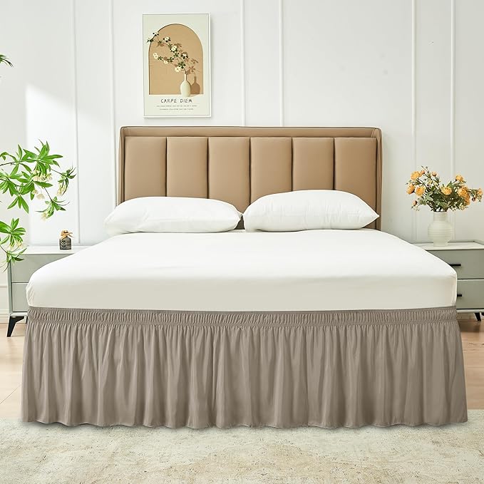 Biscaynebay Wrap Around Bed Skirts for Full & Full XL Beds Short Drop of 12", Taupe Adjustable Elastic Dust Ruffles Easy Fit Wrinkle Resistant Silky Luxurious Fabric Machine Washable