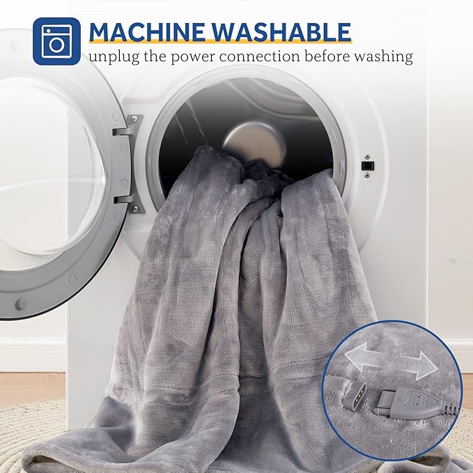 Sealy Heated Throw Blanket, Flannel Electric Blanket Throw with 6 Heating Settings & 2-10 Hours Auto Shut Off, Fast Heating & Machine Washable for Home Office Use, 50x60 Inch, Light Grey
