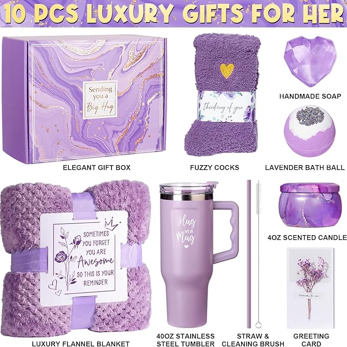 Birthday Gifts for Women Self Care Gifts Get Well Soon Gifts, Lavender Relaxing Spa Gifts Basket Care Package w/ Flannel Blanket 40 OZ Tumbler, Christmas Gifts for Mom Wife Grandma Friends Sisters Her
