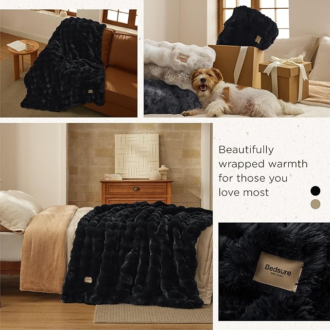 Bedsure GentleSoft Fluffy Faux Fur Throw Blanket for Couch, Soft Fuzzy Bubble Blanket Home Decor Gifts for Bedroom Living Room, Thick Warm Furry Cozy Gifts for Women, Black, 50x60 Inch