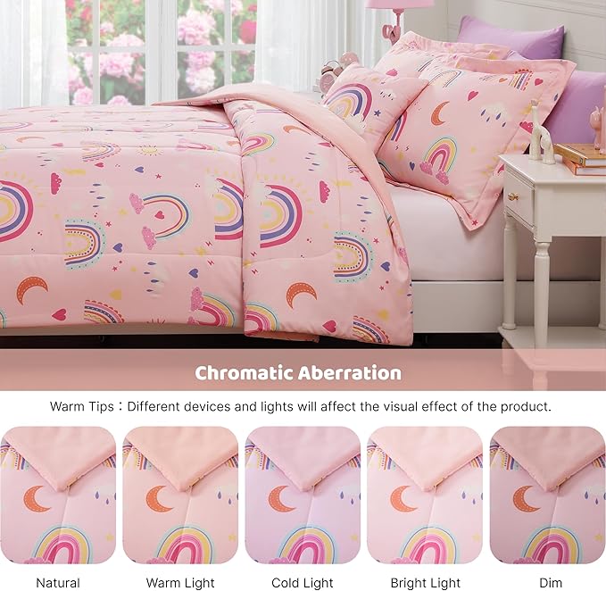 Full Size Comforter Set for Girls-4 Pieces Pink Rainbow Glow in The Dark Full Bedding Sets for Kids, 1 Comforter, 2 Shams and 1 Decor Pillow