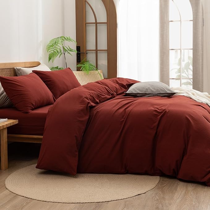 BESTOUCH Duvet Cover Set 100% Washed Cotton Linen Feel Super Soft Comfortable Chic Lightweight 3 PCs Home Bedding Set Solid Fired Brick Red Oversized Queen
