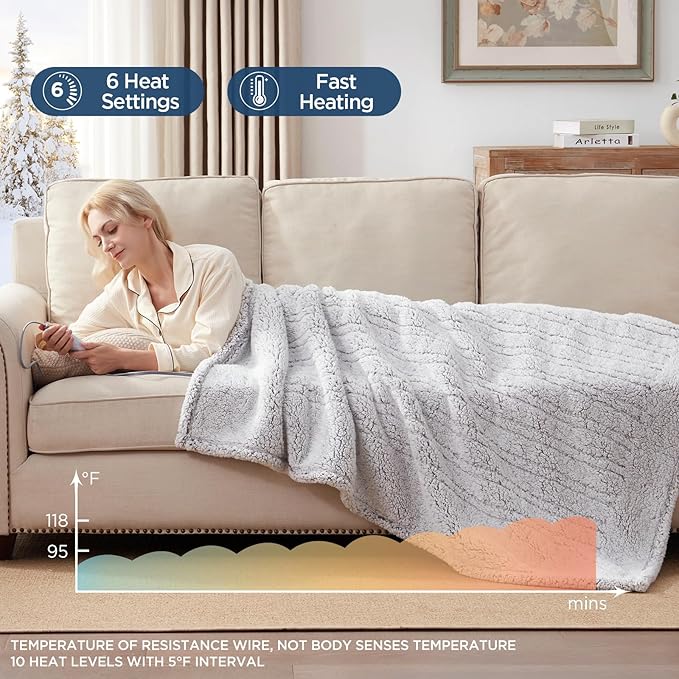 Westinghouse Electric Blanket Throw Size, Soft Plush Sherpa Heated Blanket with 6 Heating Levels & 2-10 Hours Auto-Off, Machine Washable, 50x60 inches, Grey