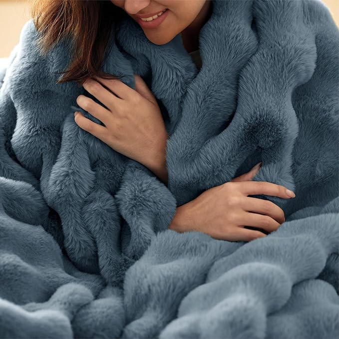 Bedsure GentleSoft Fluffy Faux Fur Throw Blanket for Couch, Soft Fuzzy Bubble Blanket Home Decor Gifts for Bedroom Living Room, Thick Warm Furry Cozy Gifts for Women, Greyish Blue, 50x60 Inch
