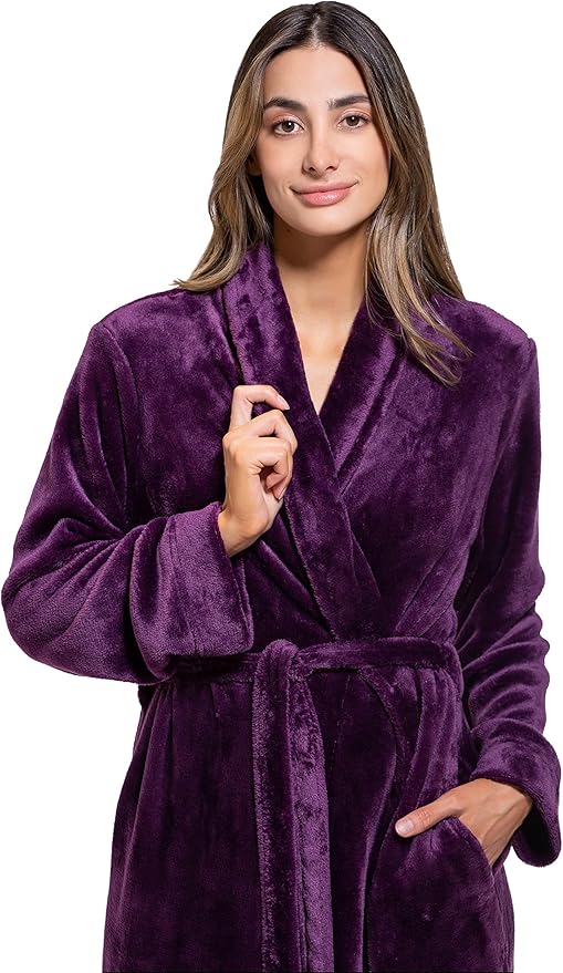 Turquaz Robes For Women, Womens Fleece Shawl Collar Soft Plush Knee Length Spa Robe