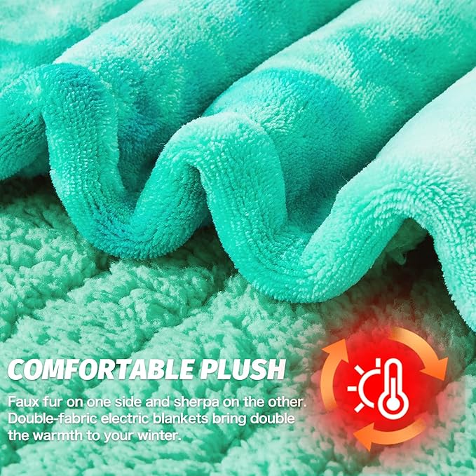 greenoak Heated Electric Blanket Throw, Faux Fur Sherpa Heating Blanket for Sofa Bed, Warm Winter Gifts for Women/Her, Heater Lap Blankets 5-Position Timer &10 Heating Levels 72''*84" Aqua