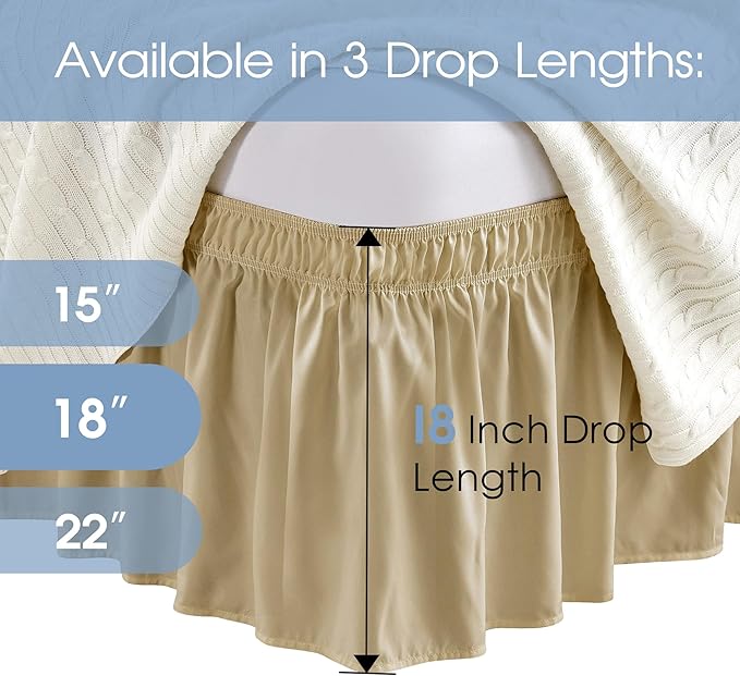 FreshCulture Elastic Wrap Around Bed Skirt - Easy Fit with 18-Inch Tailored Drop, Hotel Quality Dust Ruffle for Full Size Bed (Beige)