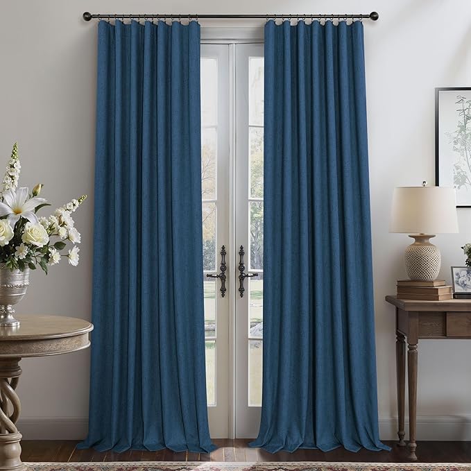 Pitalk Navy Blue Blackout Curtains for Living Room 84 Inch Length 2 Panels Set Back Tab Pocket Faux Linen Window Drapes Thermal Insulated Room Darkening Curtain for Bedroom Boys 52 x 84 Long Dark Blue
