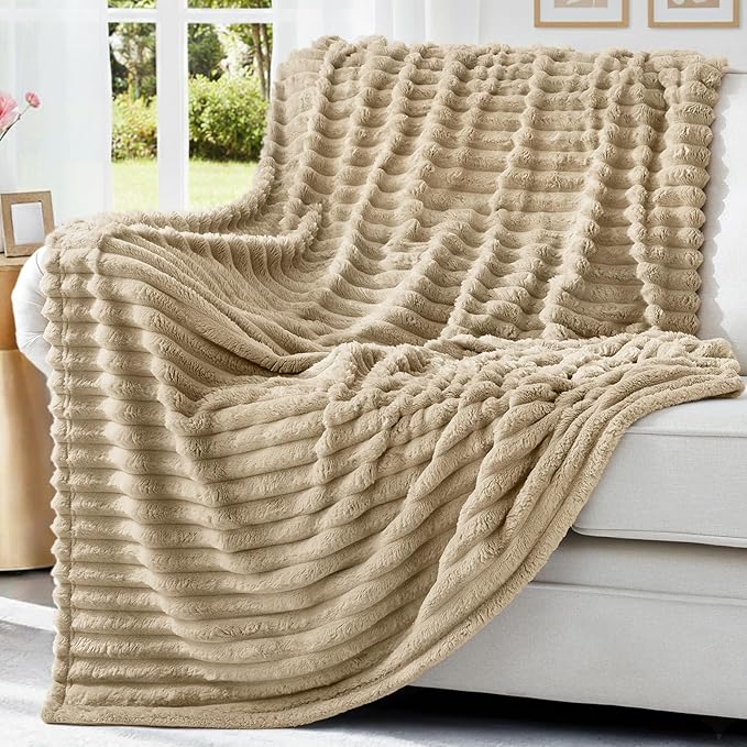 decorUhome Christmas Soft Fleece Light Brown Blanket Queen Size for Bed, Cozy Fluffy Plush Flannel Large Striped Throws for Couch Sofa, Lightweight Decorative Fuzzy Blanket for Woman, 90x90 Inches