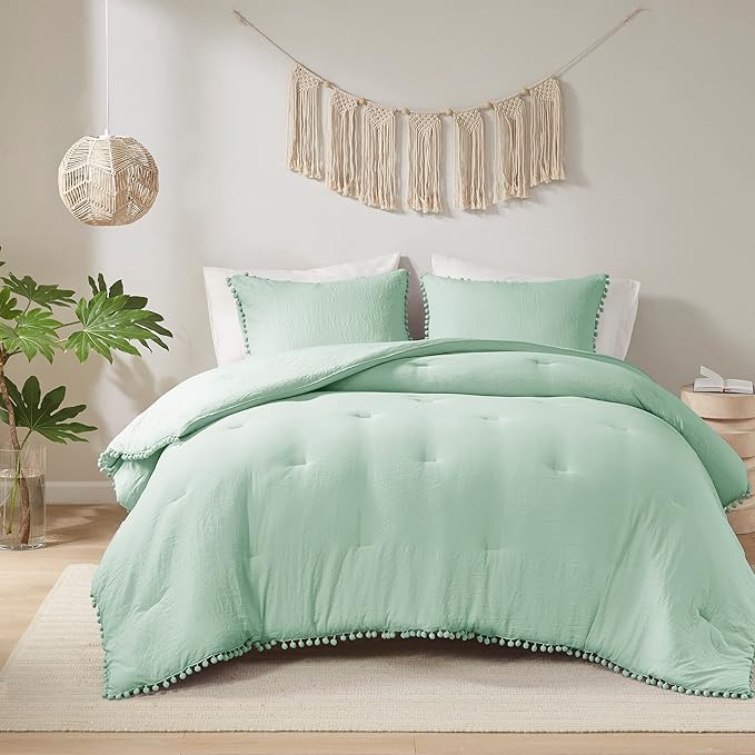 Codi Sage Green Boho Twin Comforter Set, Aesthetic Luxurious Pom Fringe Design Bedding, Cute Soft Washed Microfiber Bed Sets, Lightweight Chic,1 Comforter & 1 Pillowcase