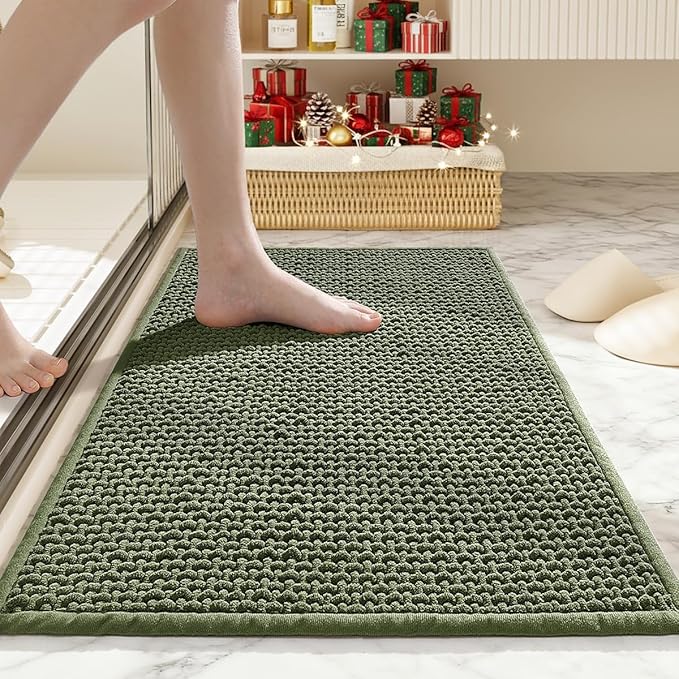 Bathroom Rugs Non Slip Washable, Super Absorbent Thin Bath Mat for Small Quick Dry Low Pile Bathroom Rug, (Dark Green, 24″x16″)