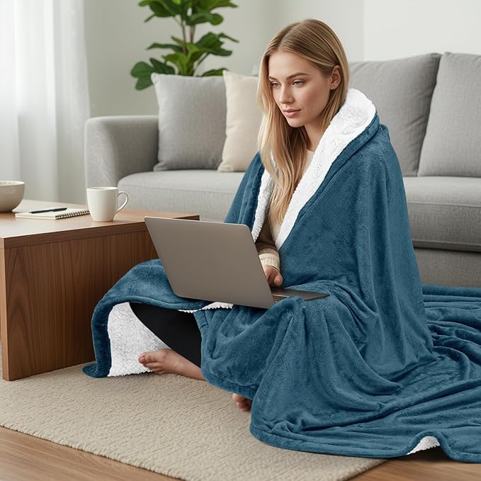 Utopia Bedding Sherpa Blanket King Size (Stone Blue, 90x102 Inches) - Soft Plush Fleece Reversible Blanket for Bed, Sofa, Couch, Camping and Travel