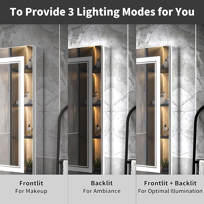 40"x32"Lighted Medicine Cabinet with Mirror，Recessed or Surface Mount LED Medicine Cabinet, Front&Backlit, Clock Temp Display, Anti-Fog, Stepless Dimming, 3-Color Temperatures, Adjustable Shelves