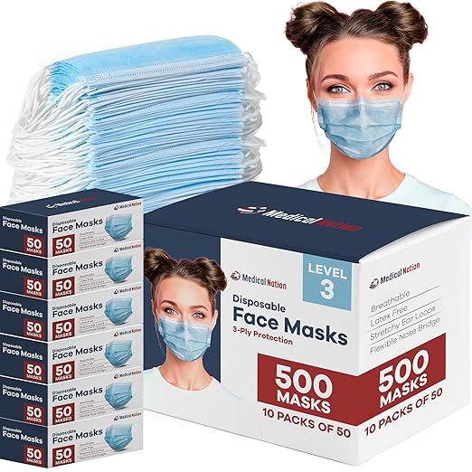 500 Pcs Blue Disposable Face Masks - Level 3 | Bulk 3 Ply Facemask Pack - Soft Breathable Latex Free Non-Woven Dust Mask with Flexible Nose Bridge & Stretchy Ear Loops (10 Packs x 50)