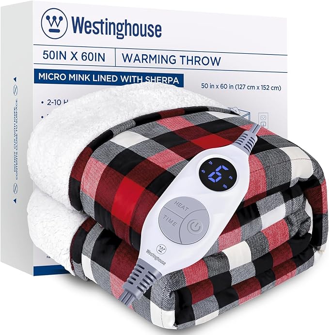 Westinghouse Electric Throw Heated Throw Blanket Soft Flannel & Sherpa Heating Blanket with 6 Heating Levels 2-10 Hours Auto-Off, Fast Heating & Overheat Protection Machine Washable, Red 50x60 Inches