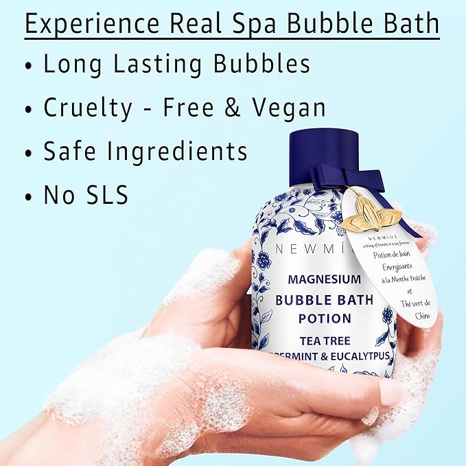 Magnesium Bubble Bath Long Lasting Foam for Sore Muscles Recovery Tea Tree Peppermint Eucalyptus Relaxing Stress Relief Calming Self Care Spa Gift