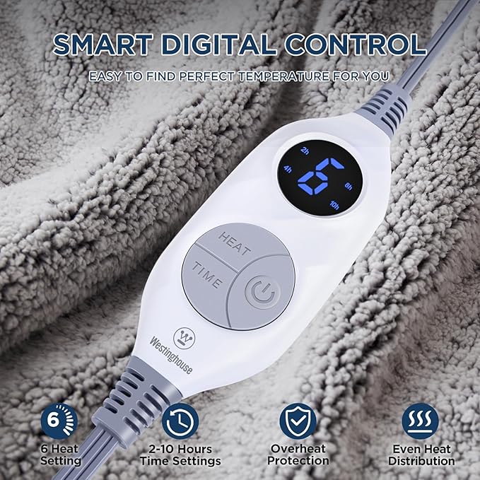 Westinghouse Electric Blanket Throw Size, Soft Plush Sherpa Heated Blanket with 6 Heating Levels & 2-10 Hours Auto-Off, Machine Washable, 50x60 inches, Charcoal