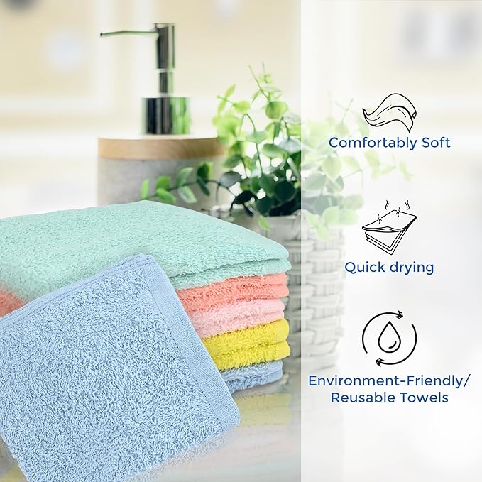 Crystal Ridge Cotton Wash Cloths 12 Pack - Washcloths for Showering, Face and Body, Soft and Highly Absorbent Multipurpose Towels for Bathroom, Kitchen, Spa and Gym - Wash Rags 12 x12 (Pastel)