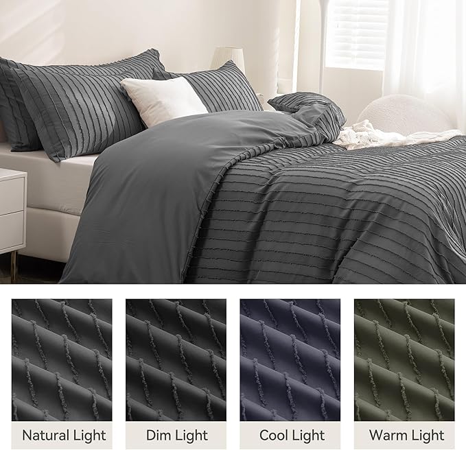 JELLYMONI Duvet Cover Full Size Dark Grey - 3PCS Boho Striped Duvet Cover Set Polyester Tufted Bohemian Textured Comforter Cover 80×90in with Corner Ties & Zipper and 2 Pillowcases