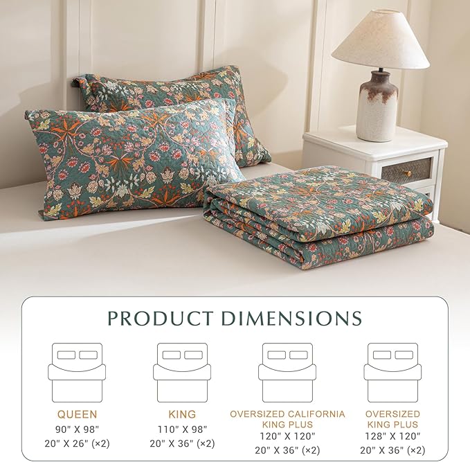 Lady Ann Oversized King Bedspreads 128x120, 100% Cotton Oversized King Quilt Bedding Set Vibrant Paisley Floral Pattern Plant Botanical Printed Quilted Coverlet Set, 3 PCS