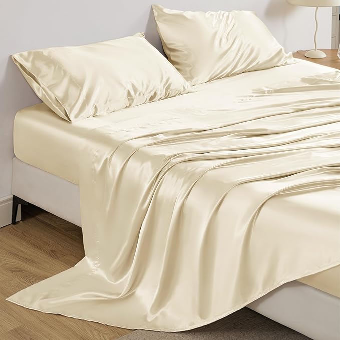 Bedsure Satin Sheets Full Size - 4 Piece Silky Bedsheets with 15 Inches Deep Pocket Fitted Bedsheet,1 Flat Sheet, 2 Satin Pillowcases, Good for Hair & Skin (Full, Cream)