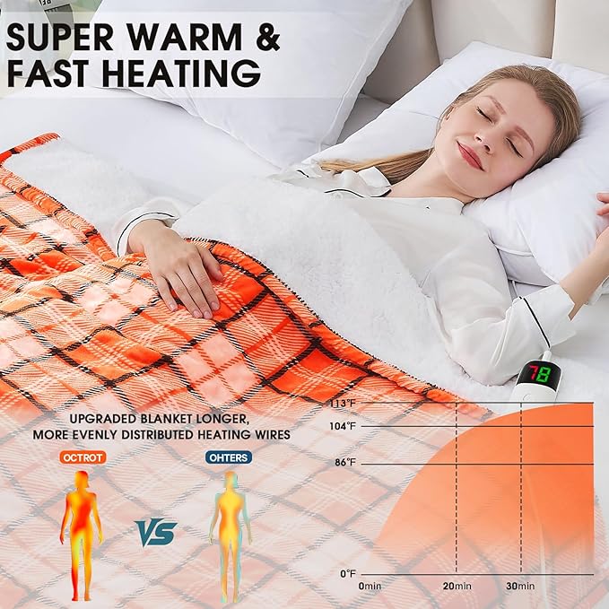 Orange Heated Throw Blanket Electric, 50X60 Heating Throw with 10 Heats Levels&8 Hours Auto Off&Timer for Lap, Plaid Soft Sherpa Orange Blanket Warmer Gift for Women Adults,Halloween Home Decor