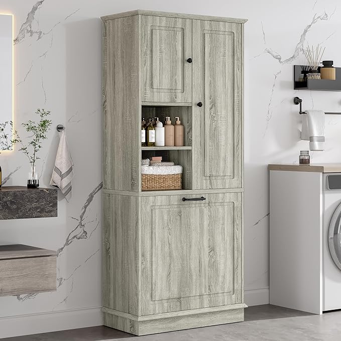 Tall Storage Cabinet with Adjustable Shelves & Flip-Out Basket, MDF Material with Aluminum Alloy Handles, Large Capacity for Bathroom, Kitchen, Living Room, Office Organizer, Oak